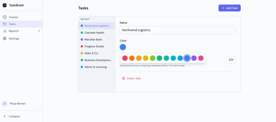 The Tasks screen: a list of clients on the left and, on the right, the selected task with its name, the twelve-colour palette open, and its weekly goal.