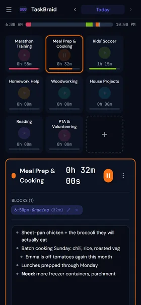 TaskBraid on a phone in dark mode: the day timeline, a grid of task cards, and the selected task's blocks and notes.