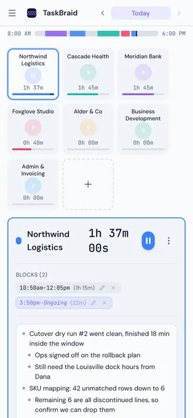 TaskBraid on a phone: the day timeline, a grid of task cards, and the selected task's time blocks and notes.