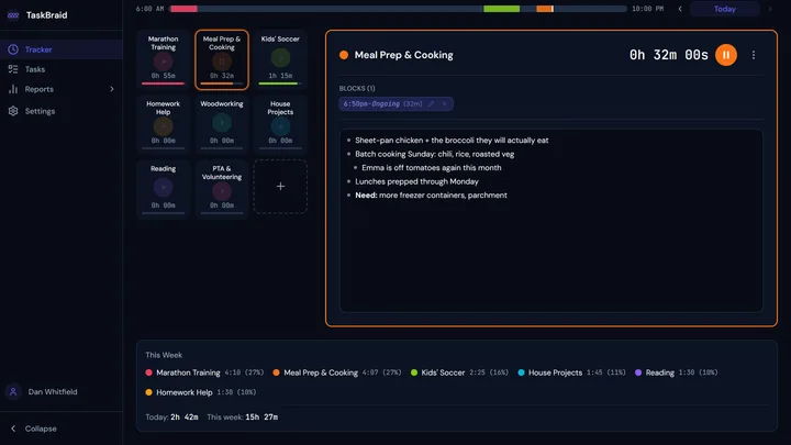 A parent's tracker in dark mode: cards for training, cooking, soccer, homework and hobbies, with a timer running on meal prep.