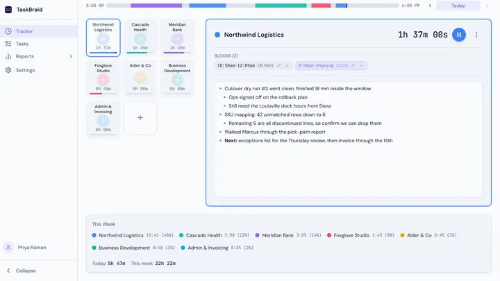 A consultant's tracker: seven client cards, a running timer on Northwind Logistics, and that day's notes beside it.